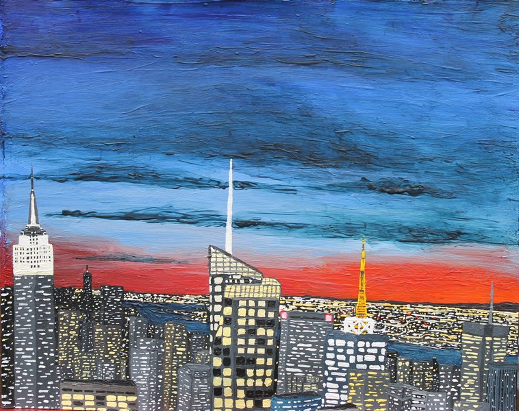 New York city at night water reflections gray clouds